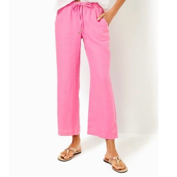 Lilly Pulitzer Brawley Confetti Pink High Rise Crop Linen Pants Large - Picture 1 of 12